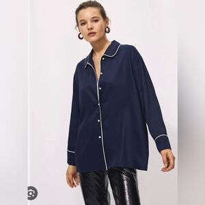 Aritzia Navy Button-Up with White Piping